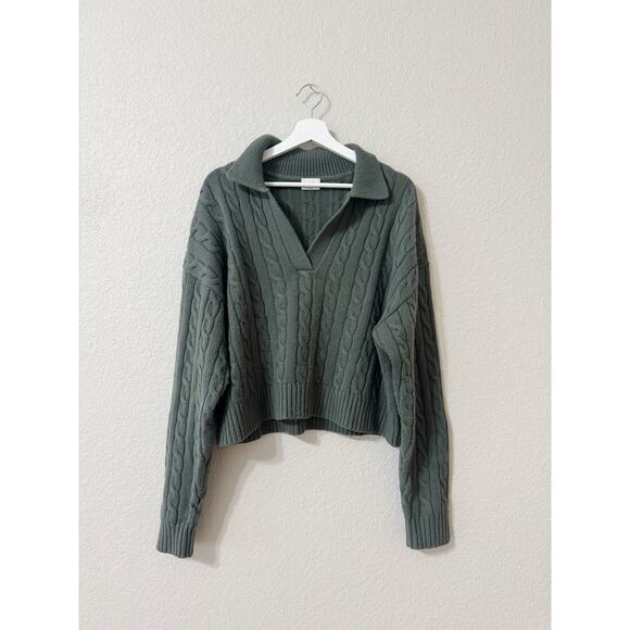 Aritzia Sunday Best Lottie Cable Knit Collared Sweater Sage Green Size Large - Picture 2 of 6
